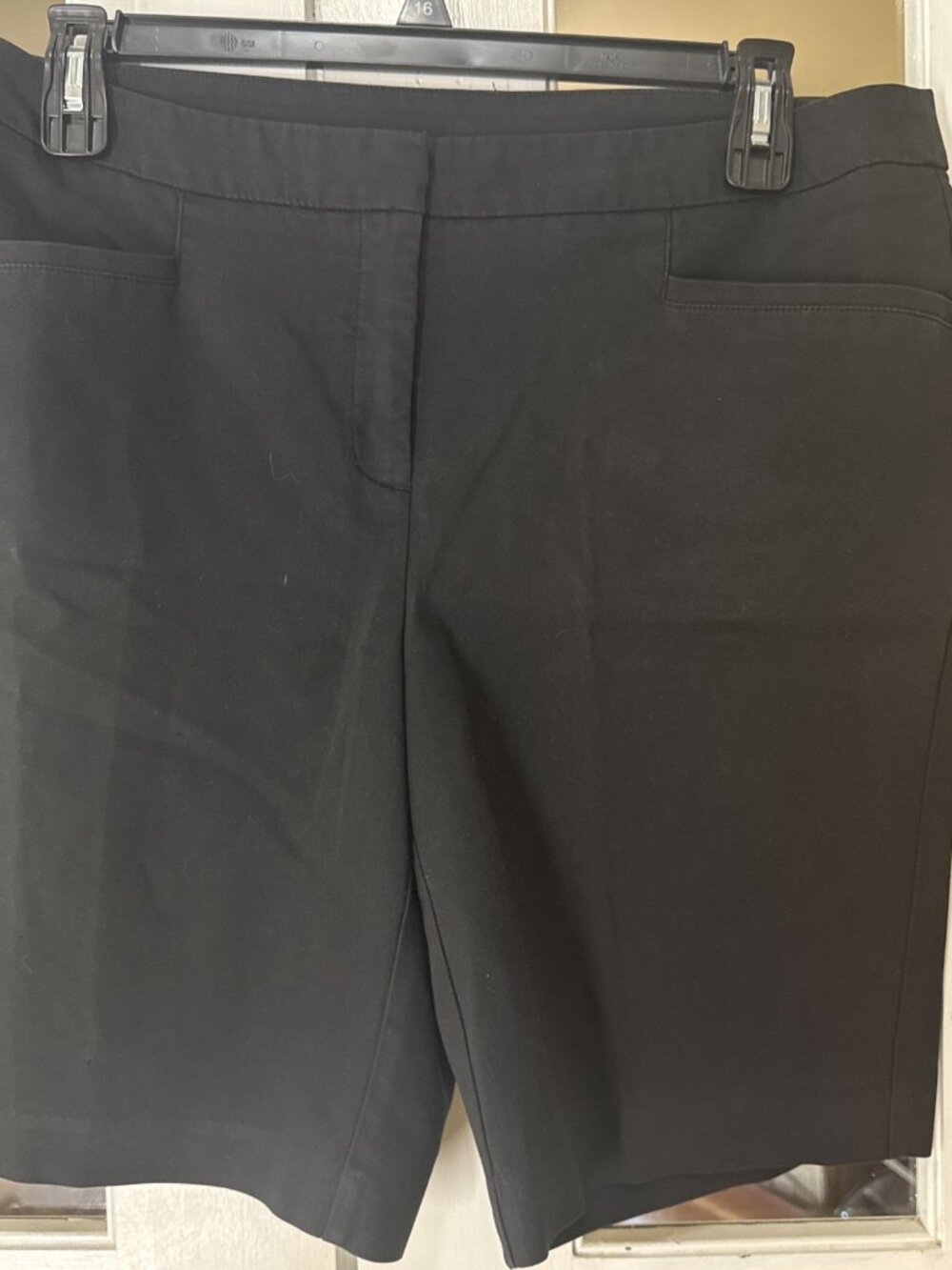 Chico's black cotton/spandex, flat front Bermuda shorts, 9” inseam, size 2 34